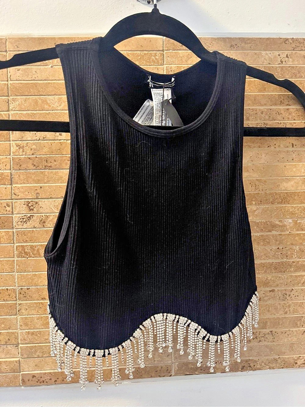Zara Rhinestone Fringe Crop Top Black Tank Top